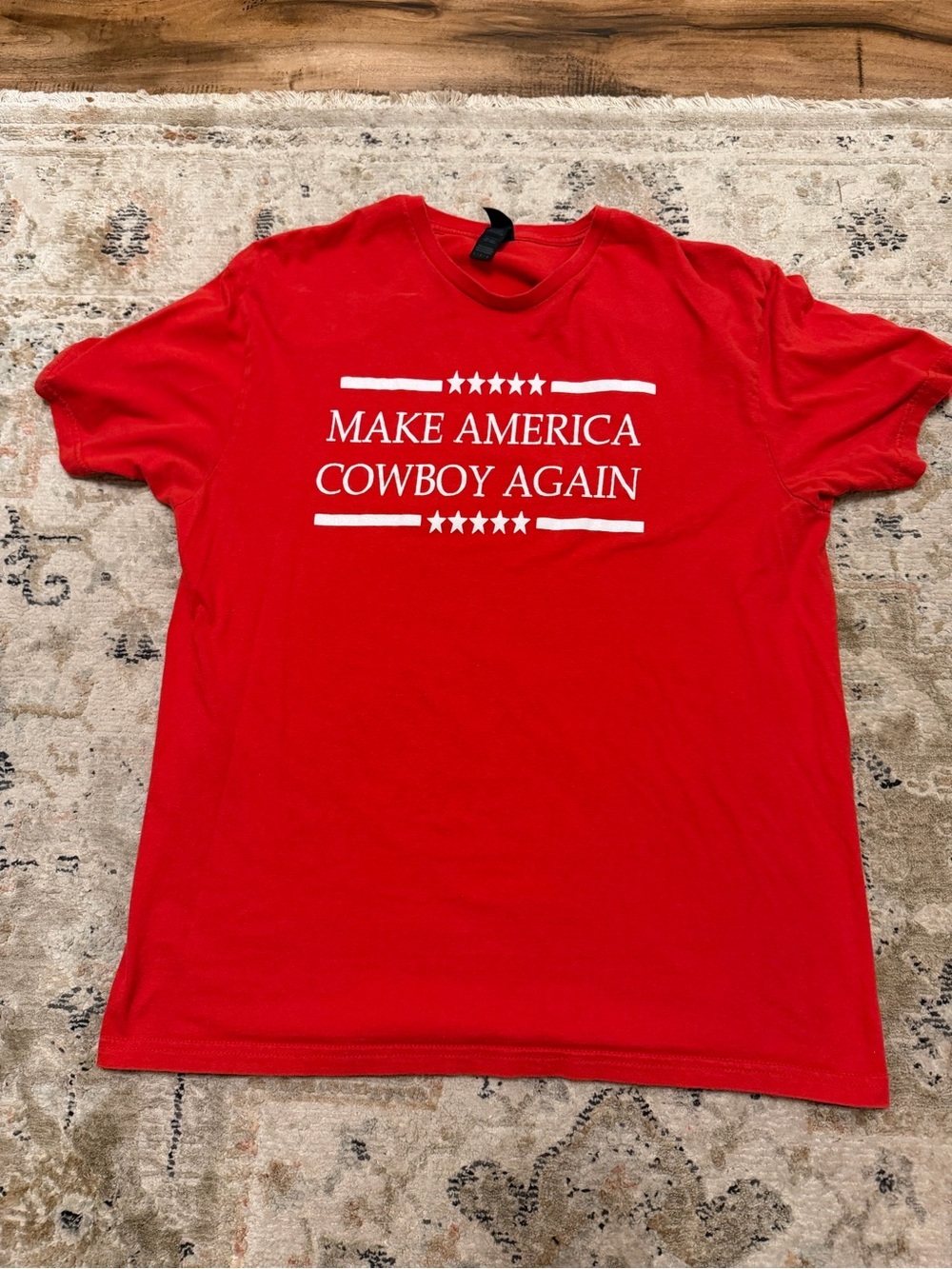 Gildan Red Short Sleeve Tee with White "Make America Cowboy Again" Graphic